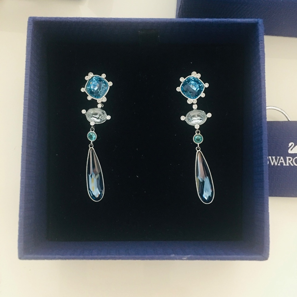 $245 Swarovski Silver tone Blue and clear Crystals Earrings